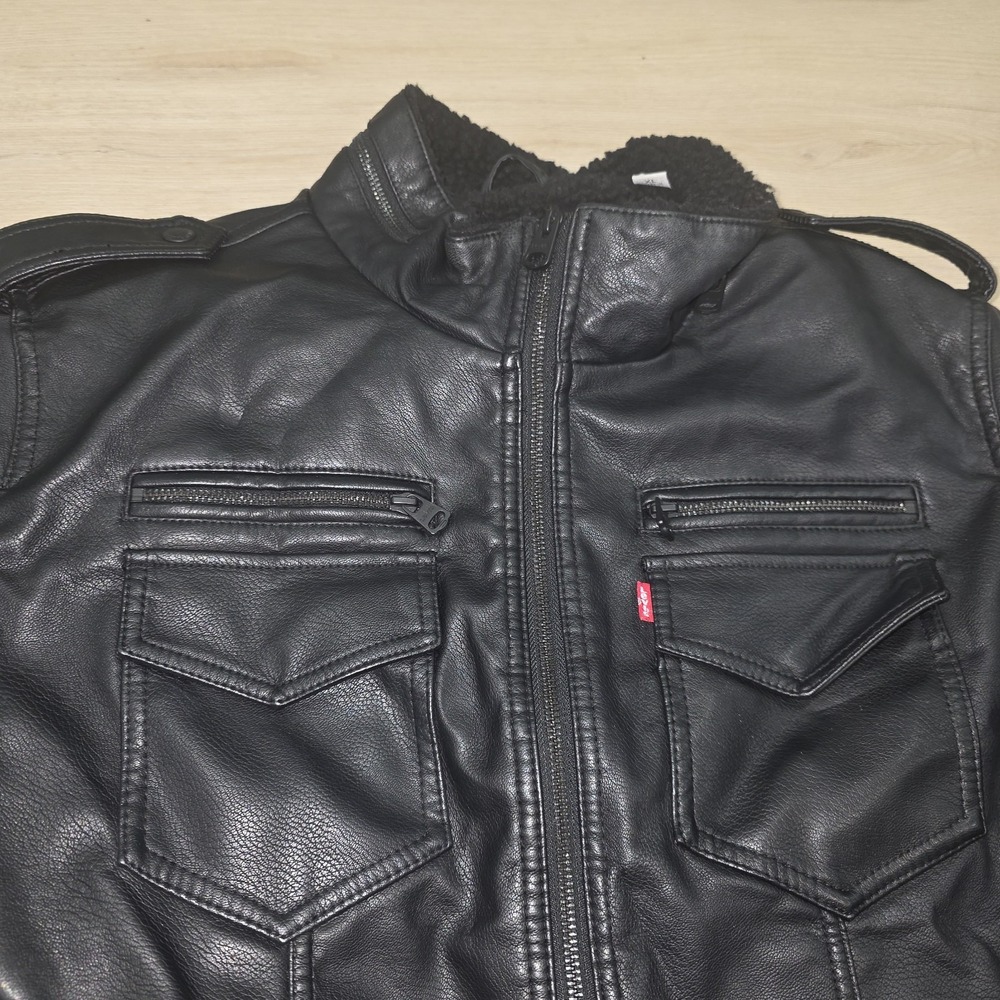 Levis Faux Leather Jacket Coat Sherpa Lined Black Aviator Bomber Size XL - Picture 3 of 15
